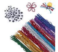 200 detergenti colorati per pipa per fai da te in 10 colori, inclusi 100 occhi oscillanti, filo di ciniglia per fiori, per fai da te, fiori, colori fluorescenti, glitter (colori misti)