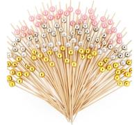 200 Pezzi Stuzzicadenti Cocktail 12 cm Bastoncini in Bambù con Perline in 4 Colori Stecchini per Aperitivo per Feste, Compleanni, Matrimoni, Bevande, Finger Food, Spiedini di Frutta, Hamburger, Panini