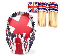200 pirottini per cupcake e bandierine per stuzzicadenti con bandiera Union Jack, decorazioni per l'80° anniversario, involucro in carta e topper per cupcake, bastoncini per muffin e torte