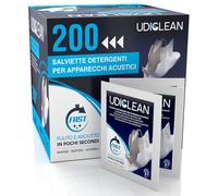 200 Salviette Detergenti per Apparecchi Acustici - Salviettine Umidificate Udiclean contro Grasso Sudore Sporco - Pulizia e Asciugatura Rapida - Confezionate Singolarmente