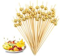 200 spiedini da cocktail in legno naturale con perle in oro e acrilico, in bambù, stuzzicadenti, antipasti, bastoncini per bar, feste, dessert, grigliate, spuntini, frutta, antipasti, 12 cm