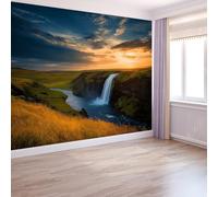 200 x 140 cm Carta da parati murale effetto 3D Natura Islanda Cascata- Murale da parete artistico in tessuto non tessuto, Poster decorativo per soggiorno sfondo TV e divano, Colore Arancione