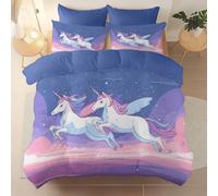 200 X 200 cm Alta Qualità Copripiumino,Fantasy Cartone Animato Unicorno Stelle Thème Set Letto Matrimoniale Completo In Microfibra Con Cerniera, 1 Copripiumini + 2 Federa,Anallergico Blu