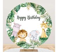 200cm Sfondo Felice Compleanno Rotondo Sfondo Copertura Cartone Animato Leone Bambino Elefante Cervo Giungla Animali Fotografia Sfondo Piante Tropicali Monester Palma Foglia Cerchio Sfondo