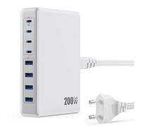 200W GaN III Caricatore Multiplo USB C - 8-Porte Stazione Ricarica Rapido QC4.0+PD 65W per Laptop, Caricabatterie Compatto per MacBook PRO/Air, iPhone, Samsung (Bianco)