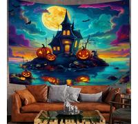 200X150Cm Arazzo Halloween Arazzo Da Parete Casa Stregata Halloween Cartoni Telo Da Parete Cielo Notturno Fantasy, Turchese Arte Muraria Arazzi Per Soggiorno Camera Da Letto Dormitorio Decorazione