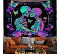 200X150Cm Arazzo Halloween Arazzo Da Parete Coppia Scheletro Telo Da Parete Fiori Punk Psichedelici, Blu Viola Arte Muraria Arazzi Per Soggiorno Camera Da Letto Dormitorio Decorazione
