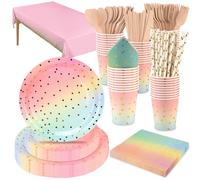 201 Pezzi Set Di Stoviglie Per Feste Rosa e Oro, Ceiliwen Set Di Stoviglie Monouso Per Feste Include Tovaglia, Piatti Di Carta Da 9'' e 7'', Tazza, Tovagliolo, Cannuccia, Posate Di Legno, Severs 25
