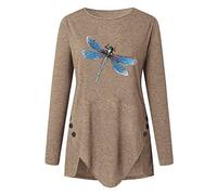 2020 Maglietta con stampa animale sull'orlo, irregolare, maniche lunghe, scollo rotondo, plus size camicetta sexy da donna, cachi, XL