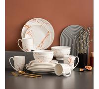 2021 Set di stoviglie in porcellana bianca 16/32/48 pezzi LOVECASA Design di Gold Splash con piatto da pranzo, piatto da torta, ciotole, tazze da caffè