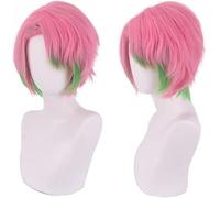 2022 Cos Wig Parrucca cosplay da uomo Anime Kanroji Mitsuri Kimetsu No Yaiba, capelli corti rosa verde for parrucca da festa in costume di Halloween + berretto