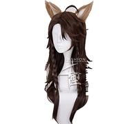 2022 Cos Wig Twisted Wonderland Cosplay Leona Kingscholar Parrucca Il Re Leone Cicatrice Capelli Lunghi Ricci Castani Intrecciati Giochi di Ruolo Parrucche + Orecchie (Size : 1)