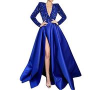 2022 Nuovo Femminile Una Spalla Manica Lunga Perline Scollo a V Grandi Paillettes Swing Split Abito Lungo Abito da Sera Donna Abiti da Sera, Blu, L