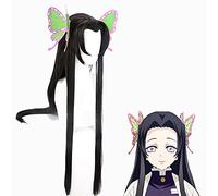 2022 . Parrucca dei capelli neri + un paio di farfalle Demone naturale Slayer Agatsuma Zenitsu ondulato ricci ondulato cosplay anime party abito resistente al calore parrucca sintetica resistente al c