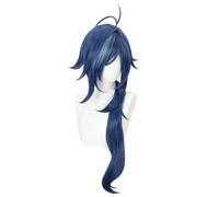 2022 Parrucca di cosplay del gioco anime for l'impatto di Genshin Kaeya, lunghi capelli blu ricci modellazione del partito del partito della parrucca, capelli sintetici resistenti al calore senza grov