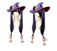 2022 Parrucca Genshin Impact da 27 pollici, parrucca cosplay anime Astologis Mona Maggistus, parrucca viola a doppia coda di cavallo con cappuccio for parrucca gratuito, for Halloween, feste, carneval