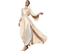 2023 Abito Moda in Chiffon Doppio Strato Beige Elegante Fiori da Ricamo Maniche Lunghe Grande Altalena Viaggio Festa Vestito (Color : Beige, Size : S)