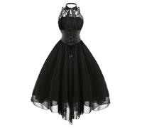2023 New Vintage Gothic Dark Halter Backless Abiti Punk Lace Up Vita Alta Abiti da Donna Victorian Ball Bown Rock Corsetto Dress-Black-L