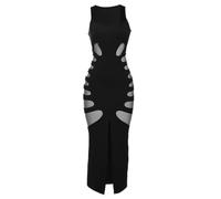 2023 Nuovo Retro Estate Hollow Vestito Sexy delle Donne Senza Maniche Diviso Solido Skinny Stretch Maxi Aderente Clubwear Coquette Abiti Sottili-Nero-M