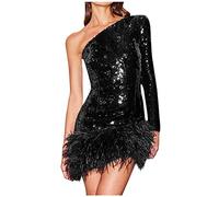 2024 Abito Corto Donna con Paillettes Abito Aderente da Donna con una Spalla Increspata Paillettes patchwork con Piume Slim Fit Club Party Cocktail Abiti Corti Abito da Sera Casual Discoteca Festa