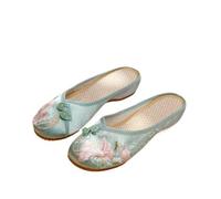 2024 Estate Cinese Tradizionale Stile Fiore Ricamato Muli Piatti Stile Etnico Punta Rotonda in Raso Pantofole Casual Hanfu Scarpe Stile Antico per Le Donne(Color:Green,Size:37 EU)