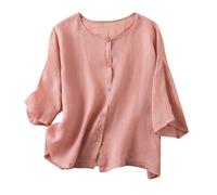 2024 Maglietta Donna Lino Maglietta Taglie Forti a Maniche Corta Camicia da Donna in Cotone e Lino Casual Maglietta Vintage Ricamato Allentato Comodo Top Tinta Unita Camicia Cinese Estiva