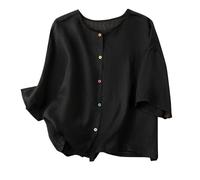 2024 Maglietta Donna Lino Maglietta Taglie Forti a Maniche Corta Camicia da Donna in Cotone e Lino Casual Maglietta Vintage Ricamato Allentato Comodo Top Tinta Unita Camicia Cinese Estiva
