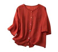 2024 Maglietta Donna Lino Maglietta Taglie Forti a Maniche Corta Camicia da Donna in Cotone e Lino Casual Maglietta Vintage Ricamato Allentato Comodo Top Tinta Unita Camicia Cinese Estiva