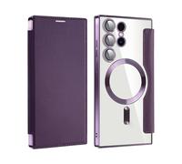 2024 New Leather Textured Flip Phone Case for Samsung S24 S23 S22 Ultra Plus, Magnetic Wireless Charging Covers with Credit Card Holder (Purple,S25EDGE)