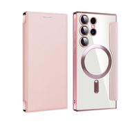 2024 New Leather Textured Flip Phone Case for Samsung S24 S23 S22 Ultra Plus, Magnetic Wireless Charging Covers with Credit Card Holder (Pink,S22)