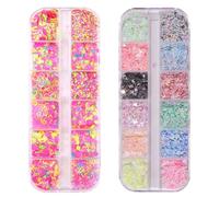 2024 Ragazze Stile Moda Giapponese 2 Scatole 24 Griglie Miste Luminose Glitter per Unghie Paillettes Fluorescenti Kit Nail Art Fai da Te per Principianti del Salone di Unghie, Farfalla+Amore