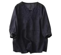2024 Tshirt Donna Lino Maglietta Taglie Forti a Maniche Corta Camicia da Donna in Cotone e Lino Casual Maglietta Vintage Ricamato Allentato Comodo Top Tinta Unita Camicia Cinese Estiva