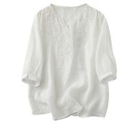 2024 Tshirt Donna Lino Maglietta Taglie Forti a Maniche Corta Camicia da Donna in Cotone e Lino Casual Maglietta Vintage Ricamato Allentato Comodo Top Tinta Unita Camicia Cinese Estiva