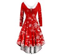 2024 Vestito Babbo Natale Donna Abiti Babbo Natale Curvy Abito di Velluto Maniche Lungo Vestiti Christmas Costume con Stampa Natalizia Scollo A V Elegante Abito da Sera Cerimonia Natalizio Regalo