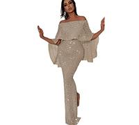 2024 Vestito con Paillettes Brillantini Donna Sera Abito con Spacco Sexy Off Shoulder Retrò Lungo Elegante Slim Fit Cocktail Latino Tango Discoteca Cerimonia Festa