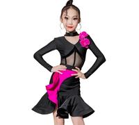 2024 Vestito da Ballo Latino per Bambini, Set a Maniche Lunghe per Ragazza Dance Hall Dance Competition Dress Practice per Bambini Salsa Tango Gonna,Nero,130