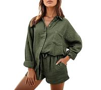 2025 Abiti 2 Pezzi Per Le Donne Set Camicia A Maniche Lunghe Button Down Camicie Oversize E Pantaloncini Estate Autunno Tuta Due Pezzi Costumi Da Bagno A Metà Coscia Costumi Da Bagno Donna, Verde, XL