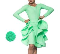 2025 Abito da Ballo Latino per Ragazze, 2 Pezzi con Scollo A V Diviso, Manica Lunga, Abbigliamento da Ballo, Gonna A Pieghe Grande A Pieghe per Salsa, Rumba, Cha Cha, Samba, Tango, Green B, S