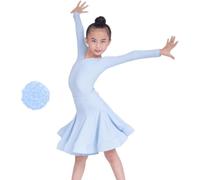 2025 Abito da Ballo Latino per Ragazze, 2 Pezzi con Scollo A V Diviso, Manica Lunga, Abbigliamento da Ballo, Gonna A Pieghe Grande A Pieghe per Salsa, Rumba, Cha Cha, Samba, Tango, Blue B, XXL