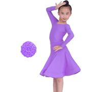 2025 Abito da Ballo Latino per Ragazze, 2 Pezzi con Scollo A V Diviso, Manica Lunga, Abbigliamento da Ballo, Gonna A Pieghe Grande A Pieghe per Salsa, Rumba, Cha Cha, Samba, Tango, Purple, XXL