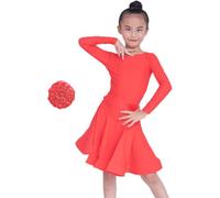 2025 Abito da Ballo Latino per Ragazze, 2 Pezzi con Scollo A V Diviso, Manica Lunga, Abbigliamento da Ballo, Gonna A Pieghe Grande A Pieghe per Salsa, Rumba, Cha Cha, Samba, Tango, Red, 3XL