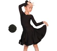 2025 Abito da Ballo Latino per Ragazze, 2 Pezzi con Scollo A V Diviso, Manica Lunga, Abbigliamento da Ballo, Gonna A Pieghe Grande A Pieghe per Salsa, Rumba, Cha Cha, Samba, Tango, Black, L