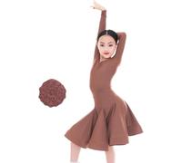 2025 Abito da Ballo Latino per Ragazze, 2 Pezzi con Scollo A V Diviso, Manica Lunga, Abbigliamento da Ballo, Gonna A Pieghe Grande A Pieghe per Salsa, Rumba, Cha Cha, Samba, Tango, Brown, XXL