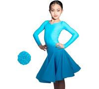 2025 Abito da Ballo Latino per Ragazze, 2 Pezzi con Scollo A V Diviso, Manica Lunga, Abbigliamento da Ballo, Gonna A Pieghe Grande A Pieghe per Salsa, Rumba, Cha Cha, Samba, Tango, Blue a, S