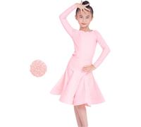 2025 Abito da Ballo Latino per Ragazze, 2 Pezzi con Scollo A V Diviso, Manica Lunga, Abbigliamento da Ballo, Gonna A Pieghe Grande A Pieghe per Salsa, Rumba, Cha Cha, Samba, Tango, Pink, XXL