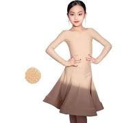 2025 Abito da Ballo Latino per Ragazze, 2 Pezzi con Scollo A V Diviso, Manica Lunga, Abbigliamento da Ballo, Gonna A Pieghe Grande A Pieghe per Salsa, Rumba, Cha Cha, Samba, Tango, Apricot, XXL