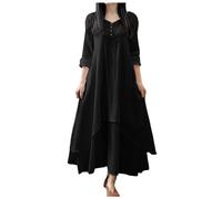 2025-Abito Lungo Fluido Donna Manica Lunga- Abito Vintage Irregolare Volant Chic Ed Elegante Casual Tinta unita Classici Confortevole Temperamento Swing Autunno Dress, Nero , XXL