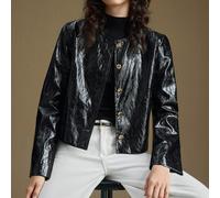 2025 Autunno/Inverno Nuova giacca da donna in pelle PU nera lucida con bottone singolo in metallo, stile vintage chic per la città, casual romantico da indossare tutti i giorni, adatta per Natale, Cap