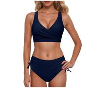 2025 - Bikini da donna a vita alta, sexy push-up in due pezzi, costume da bagno vintage, set bikini retrò con stampa increspata a vita alta, canotta per il tempo libero da uomo, Blu scuro, XL