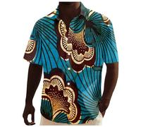 2025 Camicia a maniche corte da uomo in stile africano Dashiki stile tradizionale, vacanze estive in spiaggia hawaiane, camicie floreali Ankara Camicia da uomo foderata, Blu, XXL